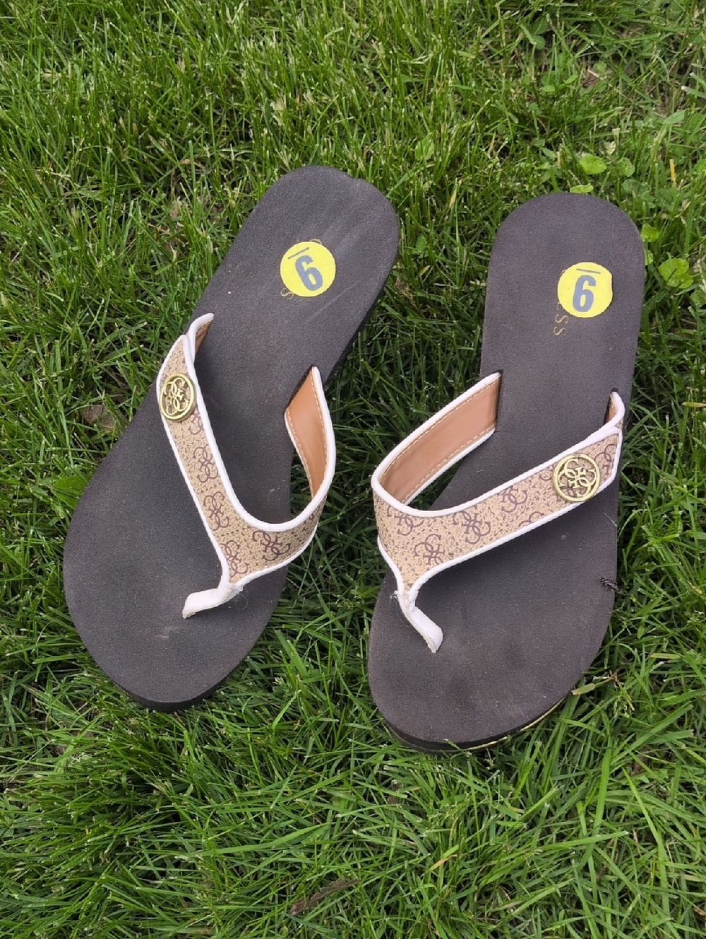 Guess Pattern Beige and Black Women's Flip Flop Platform Sandals